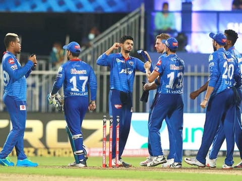 Delhi Capitals team players after win during match 23 of season 13 of the Indian Premier League (IPL ) between the Rajasthan Royals and the Delhi Capitals held at the Sharjah Cricket Stadium.