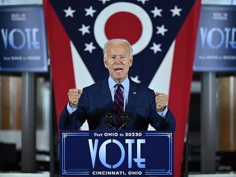 Democratic Presidential candidate and former Vice President Joe Biden delivers remarks at a voter mobilization event in Cincinnati, Ohio, on October 12, 2020. 