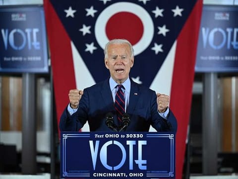 Democratic Presidential candidate and former Vice President Joe Biden delivers remarks at a voter mobilization event in Cincinnati, Ohio, on October 12, 2020. 