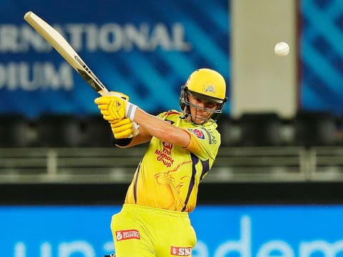 Sam Curran of the Chennai Super Kings scores a boundary against the Sunrisers Hyderabad in IPL 2020 at the Dubai International Stadium  on October 13, 2020.