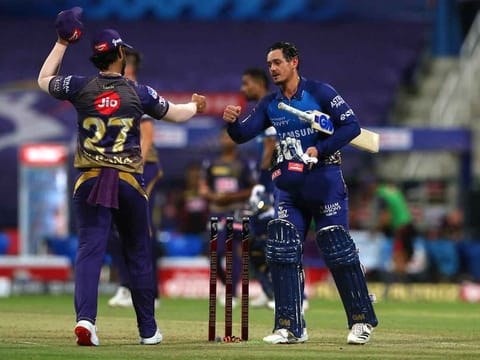 Quinton de Kock of Mumbai Indians celebrate the win against Kolkata Knight Riders.
