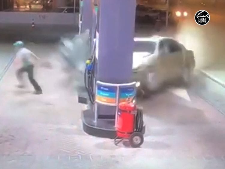 Speeding car crashes into petrol pump in Sharjah