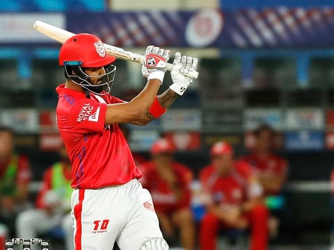 KL Rahul of the Kings XI Punjab plays a pull shot to the boundary against the Mumbai Indians in the IPL 2020 game in Dubai on October 18, 2020.