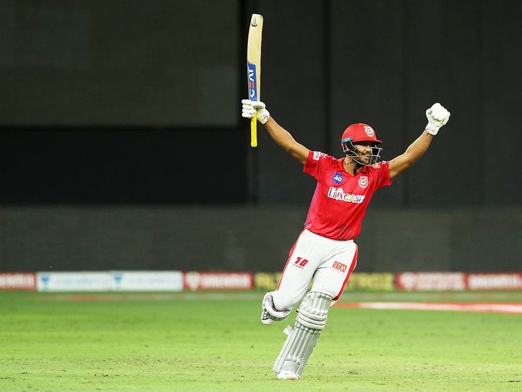 Mayank Agarwal of Kings XI Punjab celebrates the win. 