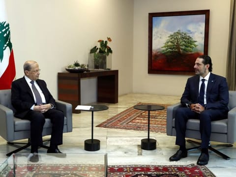 Lebanon's President Michel Aoun meets with former Prime Minister Saad Hariri at the presidential palace in Baabda, Lebanon October 12, 2020.