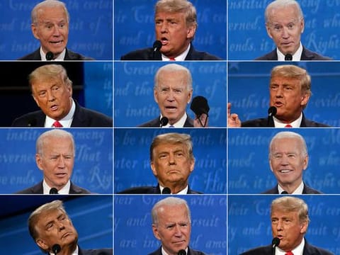 This combination of pictures created on October 22, 2020 shows US President Donald Trump and Democratic Presidential candidate and former US Vice President Joe Biden during the final presidential debate at Belmont University in Nashville, Tennessee, on October 22, 2020. 