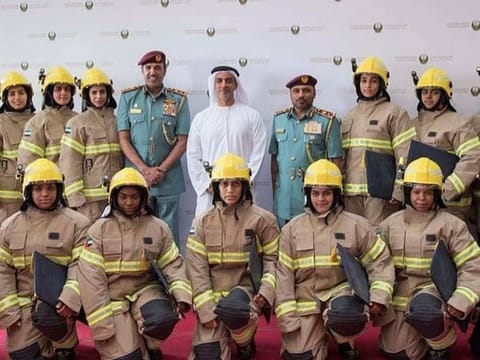 Sheikh Saif Bin Zayed with the first batch of UAE firefighters.