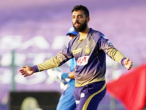 Varun Chakravarthy of Kolkata Knight Riders celebrates the wicket of Shimron Hetmyer of Delhi Capitals in the IPL 2020 game in Abu Dhabi on October 24, 2020.