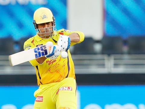 MS Dhoni, captain of Chennai Superkings, hits a boundary. 
