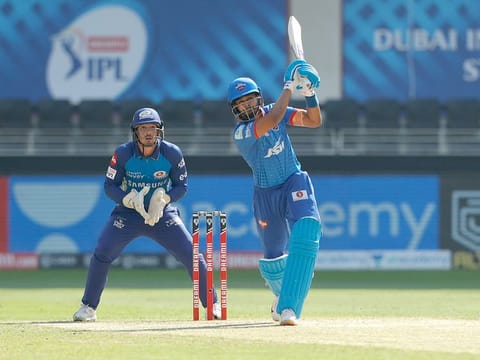 Shreyas Iyer of the Delhi Capitals drives against the Mumbai Indians in the IPL 2020 game in Dubai on October 31, 2020. But skipper couldn't prevent Delhi's batting collapse.