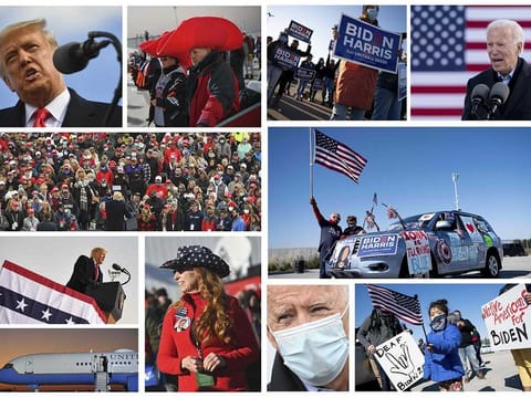 This combination of pictures created on October 31, 2020 shows US President Donald Trump (panel L) and US Democratic presidential candidate Joe Biden (panel R) and during campaign events in Wisconsin and Pennsylvania and Delaware and Iowa respectively on October 30 and 31, 2020. 