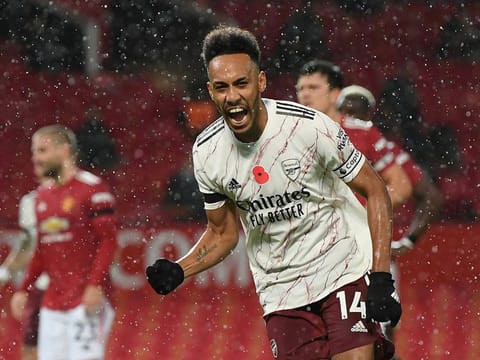 Arsenal's Pierre-Emerick Aubameyang celebrates against Manchester United