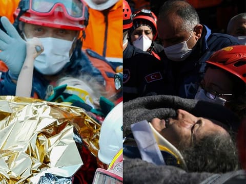 This combination of pictures created on November 2, 2020 shows a handout picture taken and released on November 2, 2020 by Istanbul fire department showing Elif Perincek, a three-year-old survivor, holding the thumb of a rescue worker as she is carried out of a collapsed building after an earthquake in the Aegean port city of Izmir, and (Right) search and rescue teams carrying Sefer Perincek, mother of three, on a stretcher after pulling her out of the rubble of a collapsed building on October 31, 2020, in Izmir. 