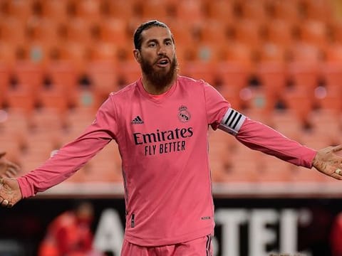 Sergio Ramos reacts during the Spanish League football match between Valencia and Real Madrid at the Mestalla stadium in Valencia on November 8, 2020. 