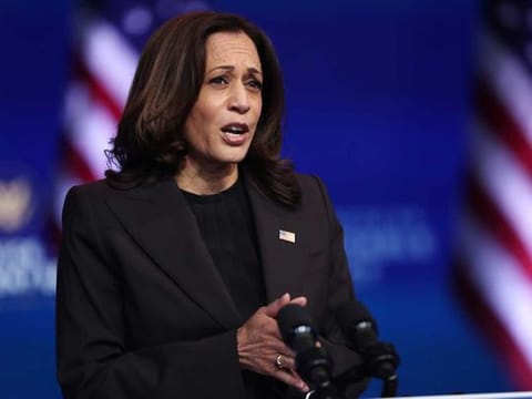 Kamala Harris addresses the media about the Trump Administration’s lawsuit to overturn the Affordable Care Act on November 10, 2020 at the Queen Theatre in Wilmington, Delaware. 