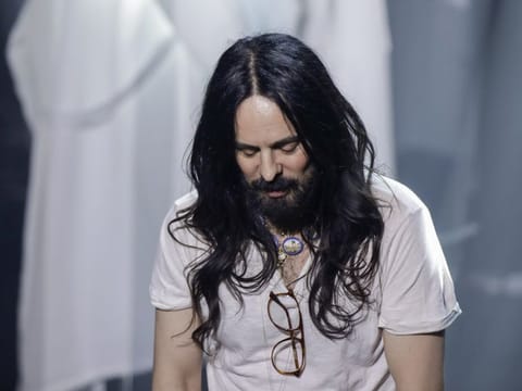 Designer Alessandro Michele acknowledges the applause at the end of Gucci's Fall/Winter 2020/2021 collection, presented in Milan, Italy, on February 19, 2020.