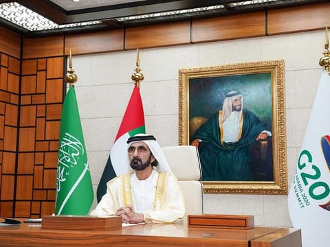 His Highness Sheikh Mohammed bin Rashid Al Maktoum, Vice President and Prime Minister of the UAE and Ruler of Dubai, attends the G20 Riyadh Summit.