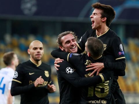 Barcelona's Antoine Griezmann celebrates scoring their fourth goal.