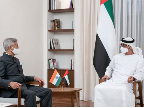 Sheikh Mohamed bin Zayed meets Dr S. Jaishankar at Al Shati Palace.