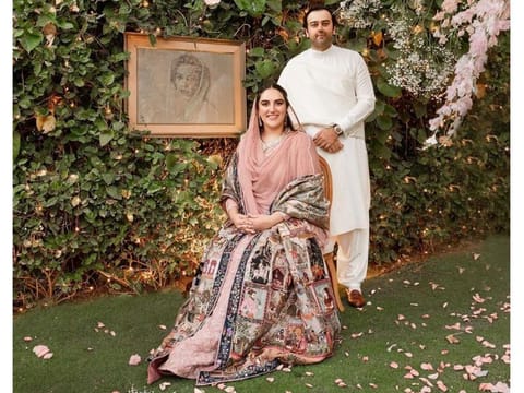 Bakhtawar Bhutto-Zardari and her fiancé Mahmood Chaudhry at their engagement ceremony on Friday.