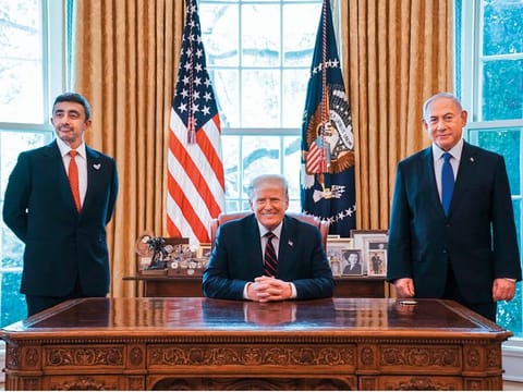 Shaikh Abdullah Bin Zayed Al Nahyan, UAE Minister of Foreign Affairs and International Cooperation, US President Donald Trump and Benjamin Netanyahu, Israeli Prime Minister, at the White House during the signing of the Abraham Accords