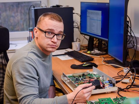 Pavels Razmajevs, Chief Operating Officer of the Latvian company EvenTech on November 27, 2020 at the Technical University in Riga, Latvia.