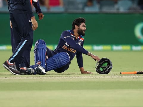 India's Ravindra Jadeja gets injured during the first T20 of the series at Canberra on Friday. 