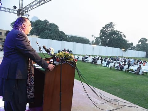Sindh Governor Imran Ismail speaks at the ceremony at Governor House to mark the Sindhi Culture Day.