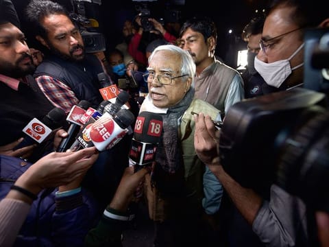 AIKS leader and CPI(M) Polit Bureau member Hanan Mulla addresses media after a meeting with Home Minister Amit Shah regarding the repeal of agri sector laws, at NASC PUSA, in New Delhi, on Tuesday night. 