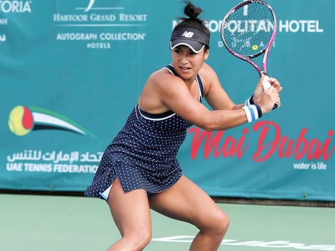 Heather Watson shapes for a backhand return against Kirsten Flipkens in second round of Al Habtoor Challenge Tennis on Wednesday.