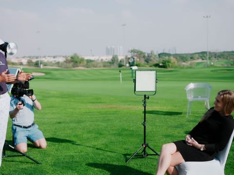 DP World's Global Ambassador, Ian Poulter, surprises Dr Elanor McCarthy.