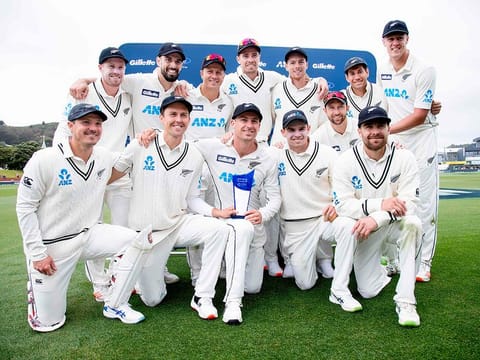 New Zealand cricket team pose as they celebrate after their series win during the fourth day of the second cricket Test match between New Zealand and the West Indies at the Basin Reserve in Wellington on December 14, 2020. 