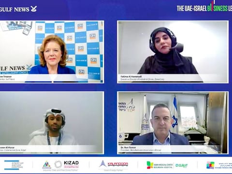 (clockwise from top left) Moderator Eithne Treanor from Gulf News, Fatima Al Hammadi, Executive Director of Industrial Zones, ZonesCorp, Dr. Ron Tomer, President, Manufacturers Association of Israel and Mansoor Al Marar, Director - Commercial Zone, Kizad during a panel discussion "Doing business in the UAE: Special focus on Abu Dhabi’s Industrial and Free Zone ecosystem' at the UAE-Israel Business Leaders Summit. 