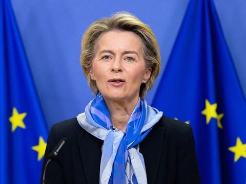 European Commission President Ursula von der Leyen delivers a statement on the marketing authorization of the Pfizer-BioNTech vaccine against COVID-19 at EU headquarters in Brussels, on Monday. 