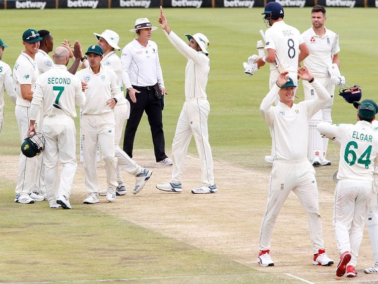 South Africa's Kagiso Rabada and teammates celebrate