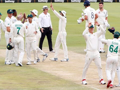 South Africa's Kagiso Rabada and teammates celebrate winning the test match against England in Centurion on last Sunday. 