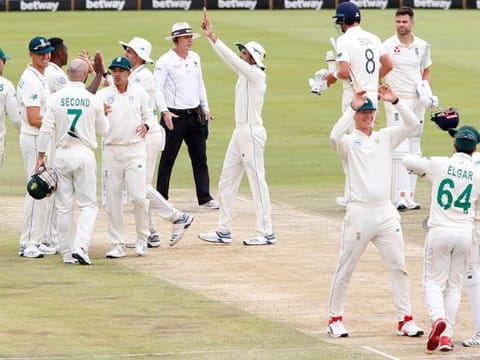 South Africa's Kagiso Rabada and teammates celebrate winning the test match against England in Centurion on last Sunday. 