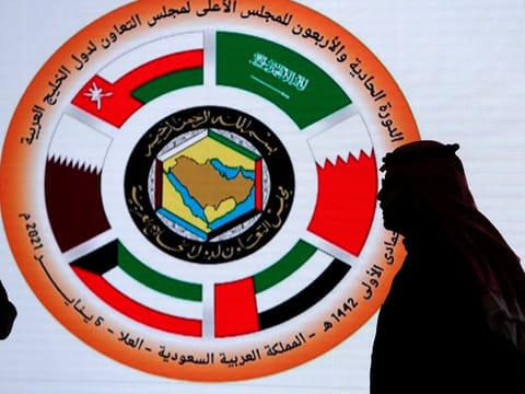 The logo of the 41st Gulf Cooperation Council at the media center in at AlUla, Saudi Arabia. UAE will work to re-open all land, sea and air ports for inbound and outbound movement, and that all relevant authorities in the UAE have been notified of these measures which will go into effect as of 9 January, said Undersecretary of the UAE Ministry of Foreign Affairs and International Cooperation.