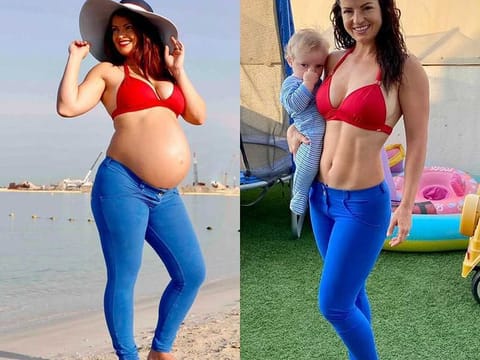 Rhian Adams before and after: she says she gained about 18kg during her second pregnancy (left), but has worked on achieving a "happy weight" since giving birth to her son Samson, now 13 months (right)