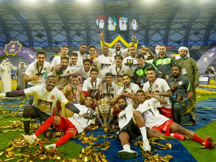 Shabab Al Ahli Dubai celebrate their 1-0 Super Cup win over Sharjah