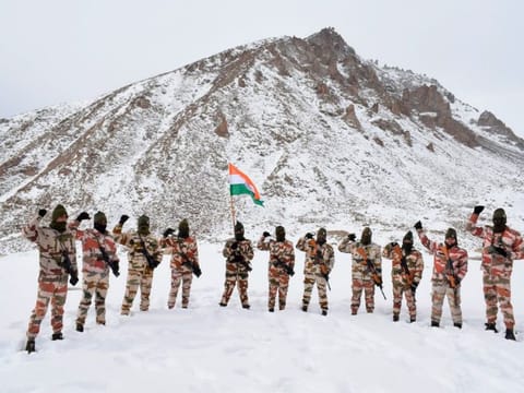 Indo Tibetan Border Police (ITBP) personnel celebrate Republic Day at a border outpost in Ladakh.