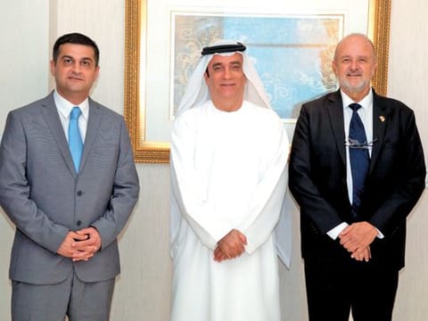 Merzi Sodawaterwala, Chairman of IFIICC, with Dr Ahmed Al Banna, Ambassador of the UAE to India, and Raviv Byron, President, IFIICC, during the inauguration of the chamber of commerce in Dubai last month  I