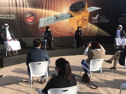 From left: Omran Ahmed Al Hammadi, Noora Saeed Al Mheiri, Science Data Analyst – Lower Atmosphere , Hessa Rashid Al Matroushi, Khalid Mohammad Badri, Instrument Science Engineer, at MBRSC. 