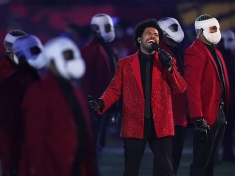 The Weeknd performs during the halftime show of the NFL Super Bowl 55 football game between the Kansas City Chiefs and Tampa Bay Buccaneers, Sunday, Feb. 7, 2021, in Tampa, Fla. (AP Photo/Ashley Landis)