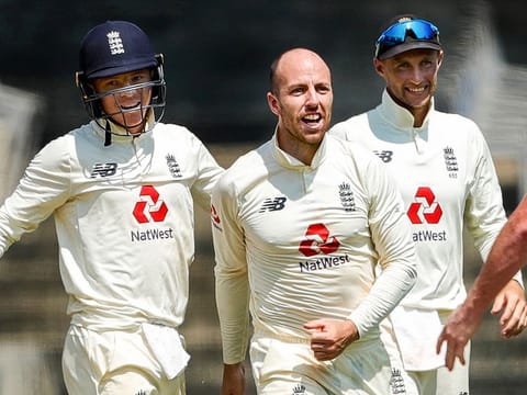 England's bowler Jack Leach celebrates the dismissal of India's Ravichandran Ashwin during the final day of the first Test, at M.A. Chidambaram Stadium, in Chennai. 