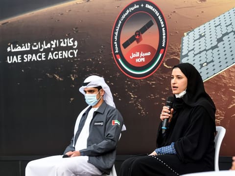 Sarah Al Amiri, Minister of State for Advanced Technology and Chairman of the UAE Space Agency and Omran Sharaf, Emirates Mars Mission Project Director address the media at the Mohammed Bin Rashid Space Centre in Dubai on Wednesday. 