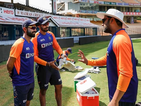 India's vice-captain Ajinkya Rahane (from left), Jasprit Bumrah and Rohit Sharma in a conversation during nets at the Chepauk Stadium.