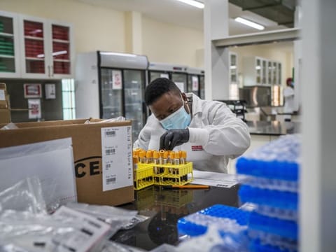 A lab technician works on blood samples taken from people taking part in a Johnson & Johnson COVID-19 vaccine test at the Ndlovu clinic's lab in Groblersdal, South Africa, 200km northeast of Johannesburg on February 11, 2021. African countries without the coronavirus variant dominant in South Africa should go ahead and use the AstraZeneca COVID-19 vaccine, the Africa Centres for Disease Control and Prevention said Thursday, while the World Health Organisation suggested the vaccine even for countries with the variant circulating widely. 
