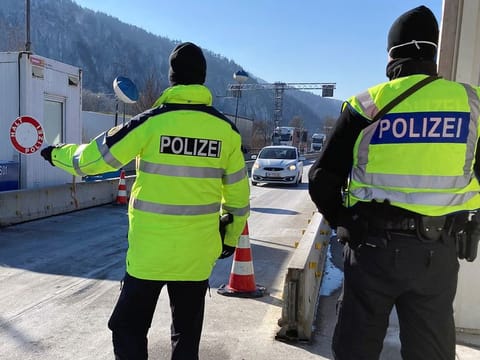 German border police check vehicles arriving from Austria's Tyrol province, after a new law to combat COVID-19 comes into effect, requiring those leaving the region to show a negative test result in response to the EU's biggest outbreak of the so-called South African coronavirus variant, in Kiefersfelden.  