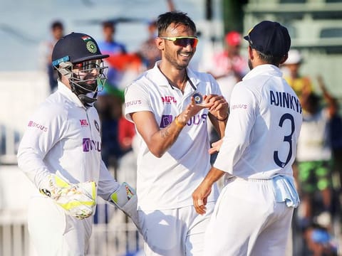 India's Axar Patel celebrates a wicket with teammates during the 4th day of the second Test vs England, at M.A. Chidambaram Stadium, in Chennai. 